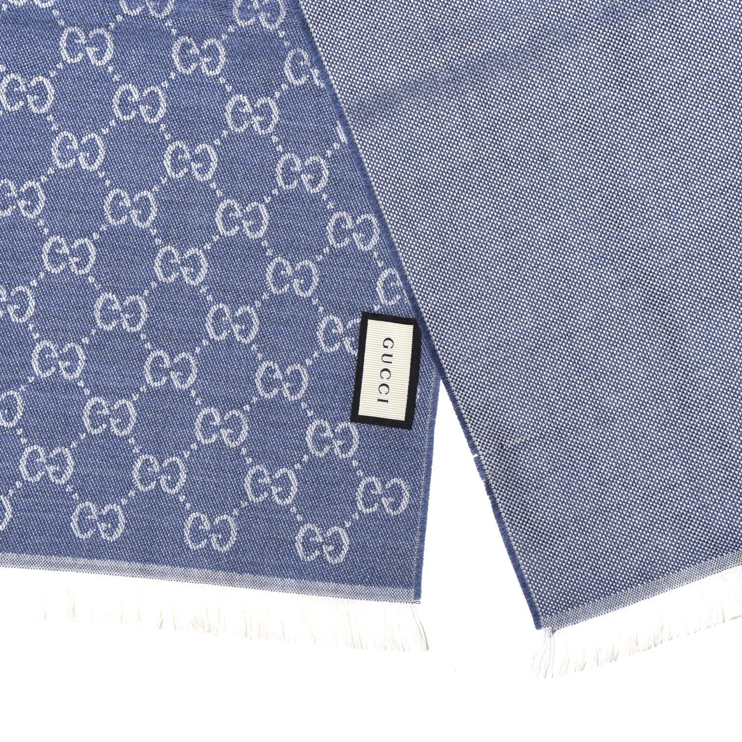 Gucci Wool GG Monogram HalfGG Fringe Scarf Ivory Sky Blue 3 of 4