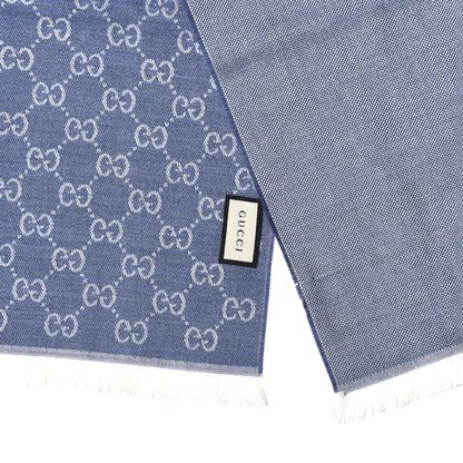 Gucci Wool GG Monogram HalfGG Fringe Scarf Ivory Sky Blue 3 of 4