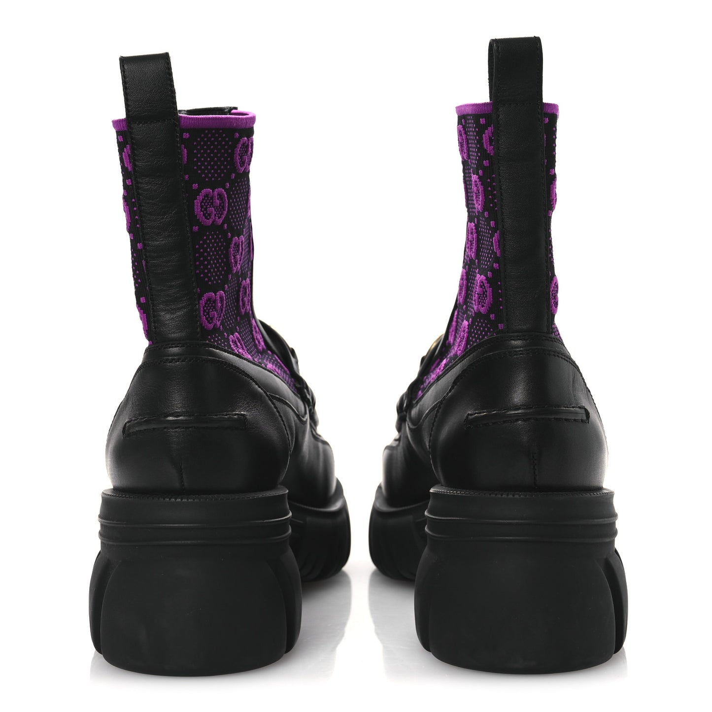 Quebec Calfskin Technical Jersey Knit GG Monogram Horsebit Ankle Boots 42 Black Fucsia