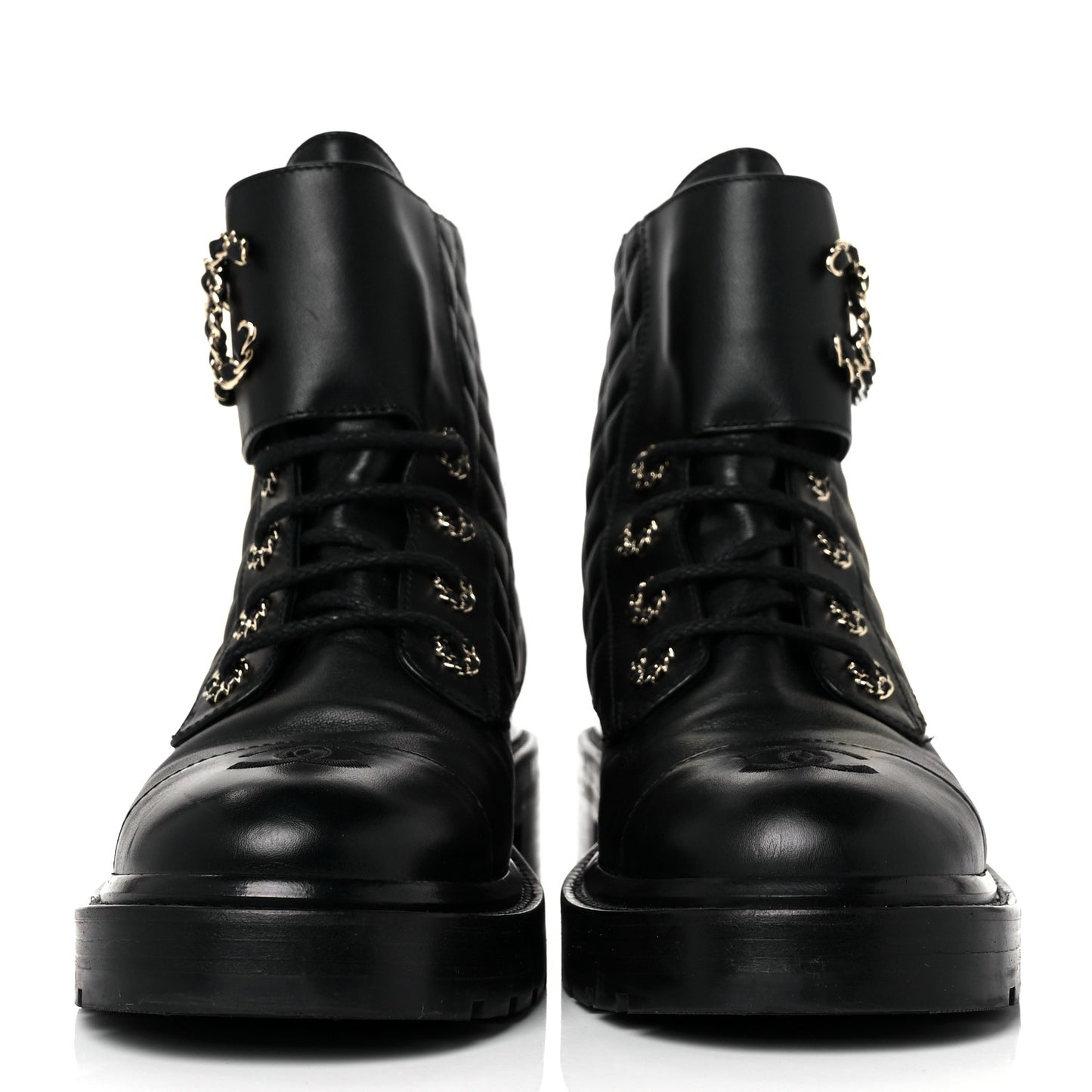 Lambskin Calfskin Quilted Lace Up Combat Boots 39.5 Black