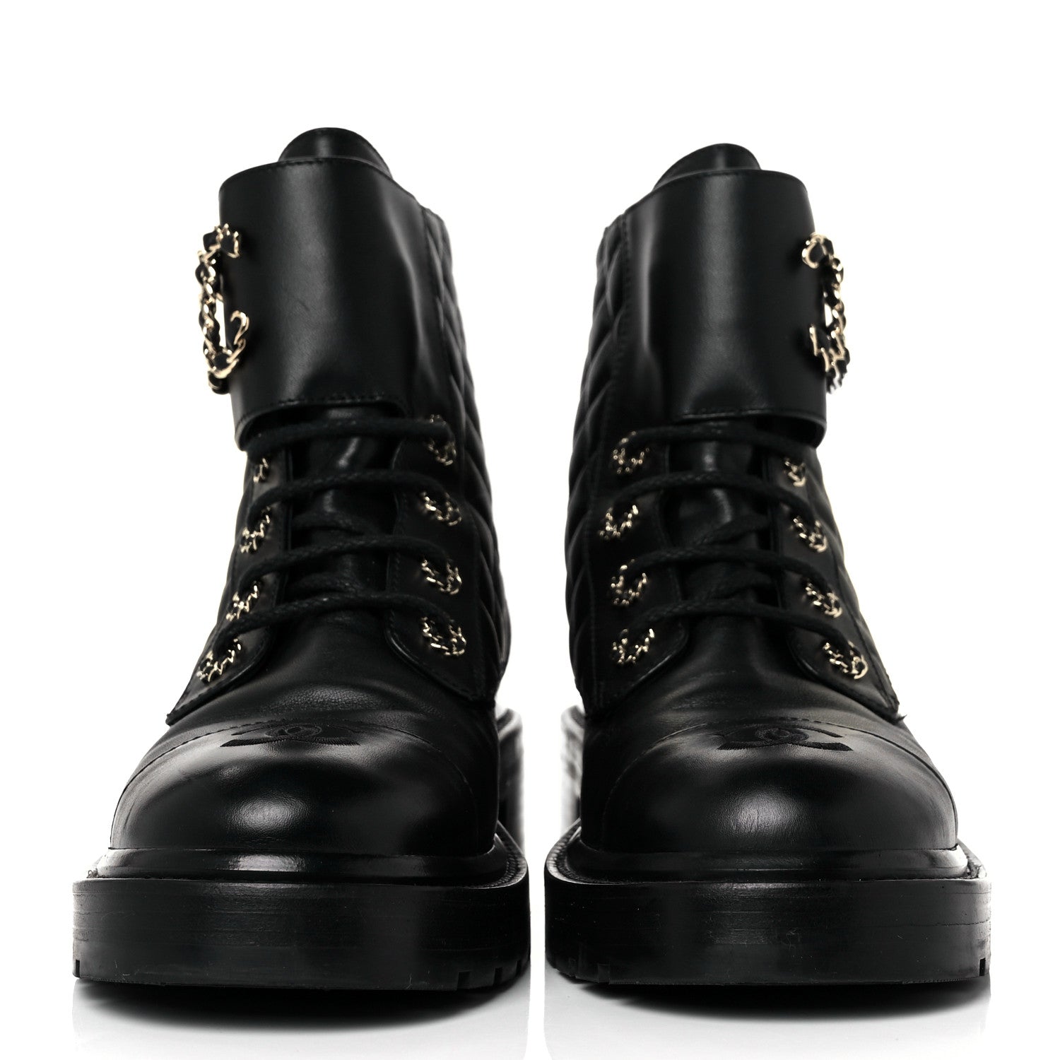 Chanel Lambskin Calfskin Quilted Lace Up Combat Boots 39.5 Black 3 of 16