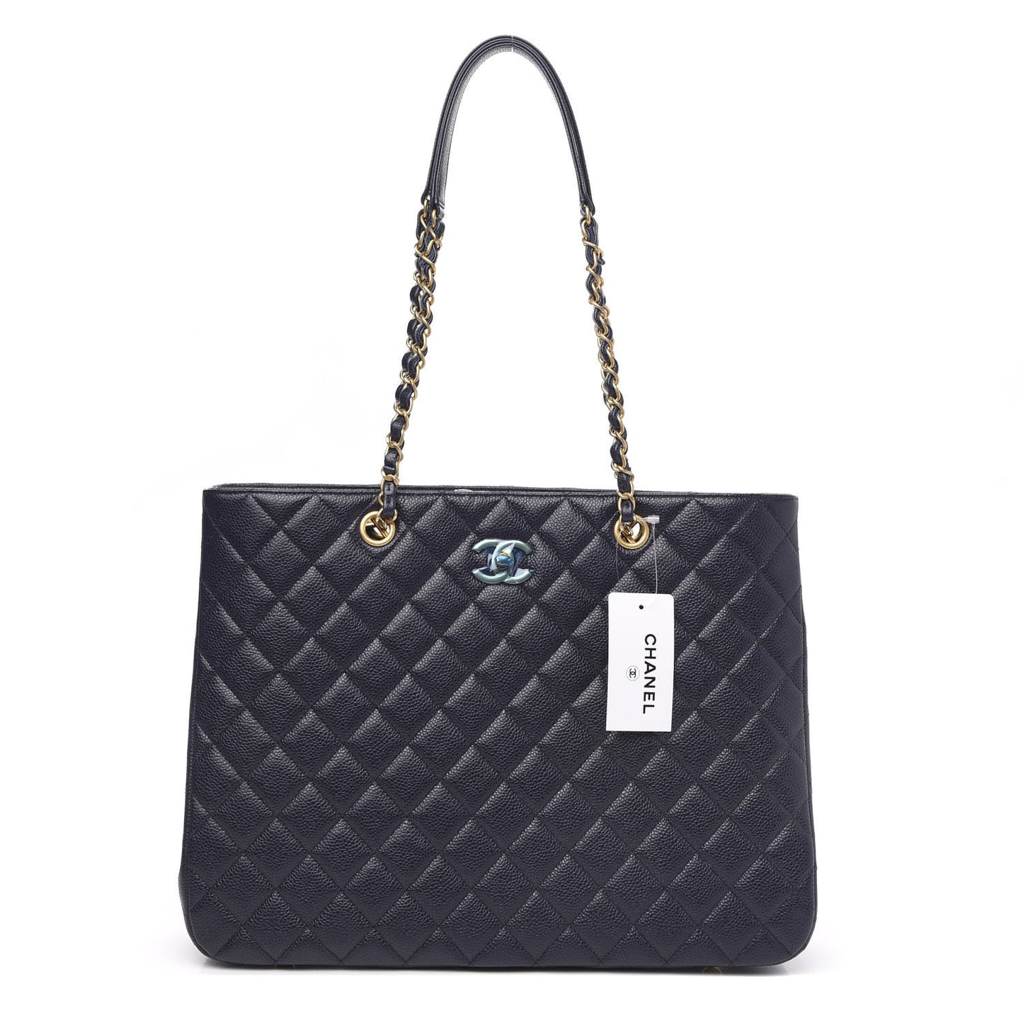 Caviar Quilted Large CC Shopping Tote Navy