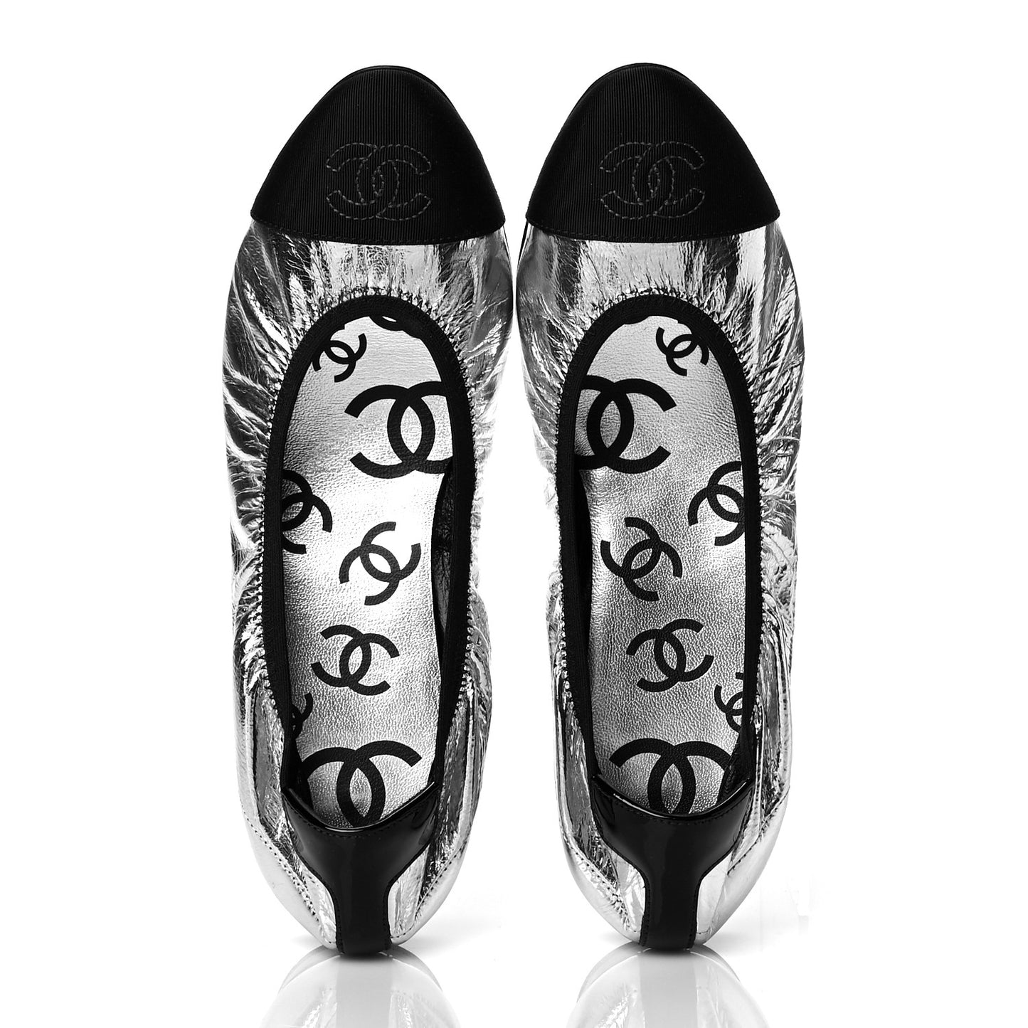 Metallic Laminated Goatskin Patent Grosgrain CC Elastic Cap Toe Ballerina Flats 35.5 Silver Black