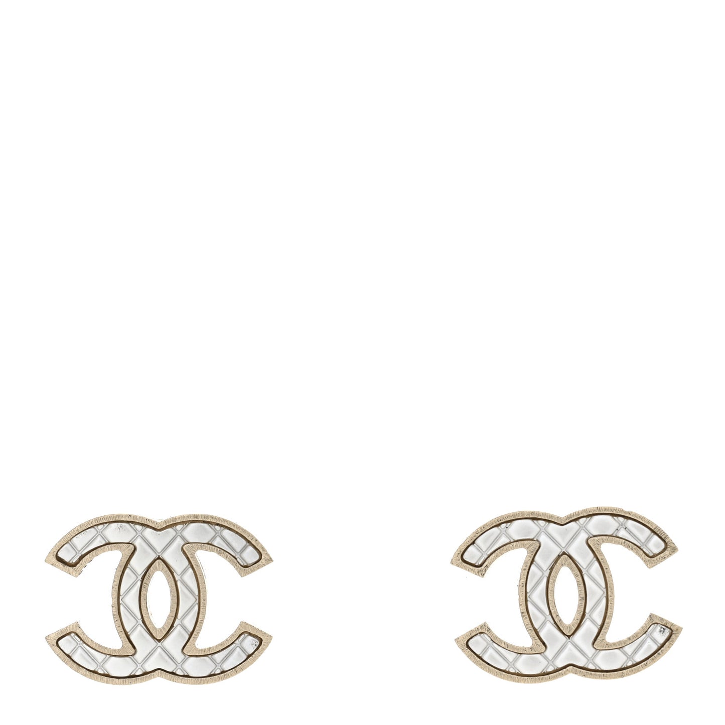 Metal Quilted CC Earrings Gold White