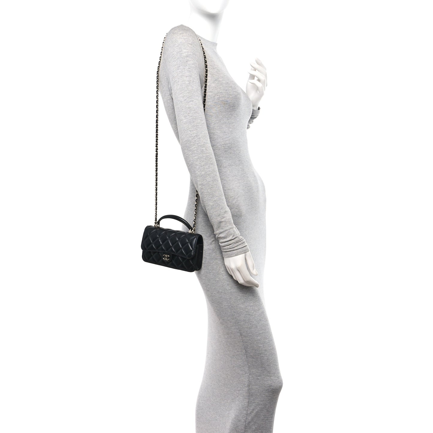 Lambskin Quilted Flap Phone Holder With Chain Black