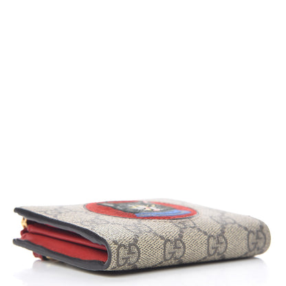 Gucci GG Supreme Monogram Mystic Cat Patch Zip Around Card Case Wallet Beige Hibiscus Red 4 of 11