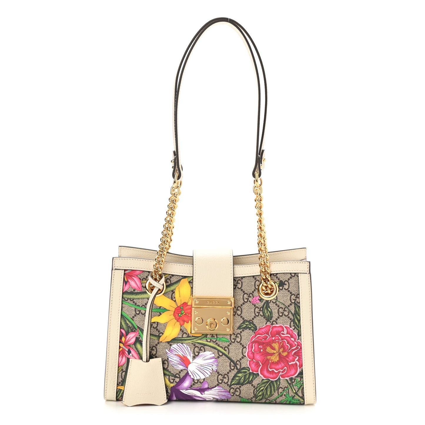 GG Supreme Monogram Flora Textured Calfskin Small Padlock Tote Beige Ebony Multicolor Mystic White