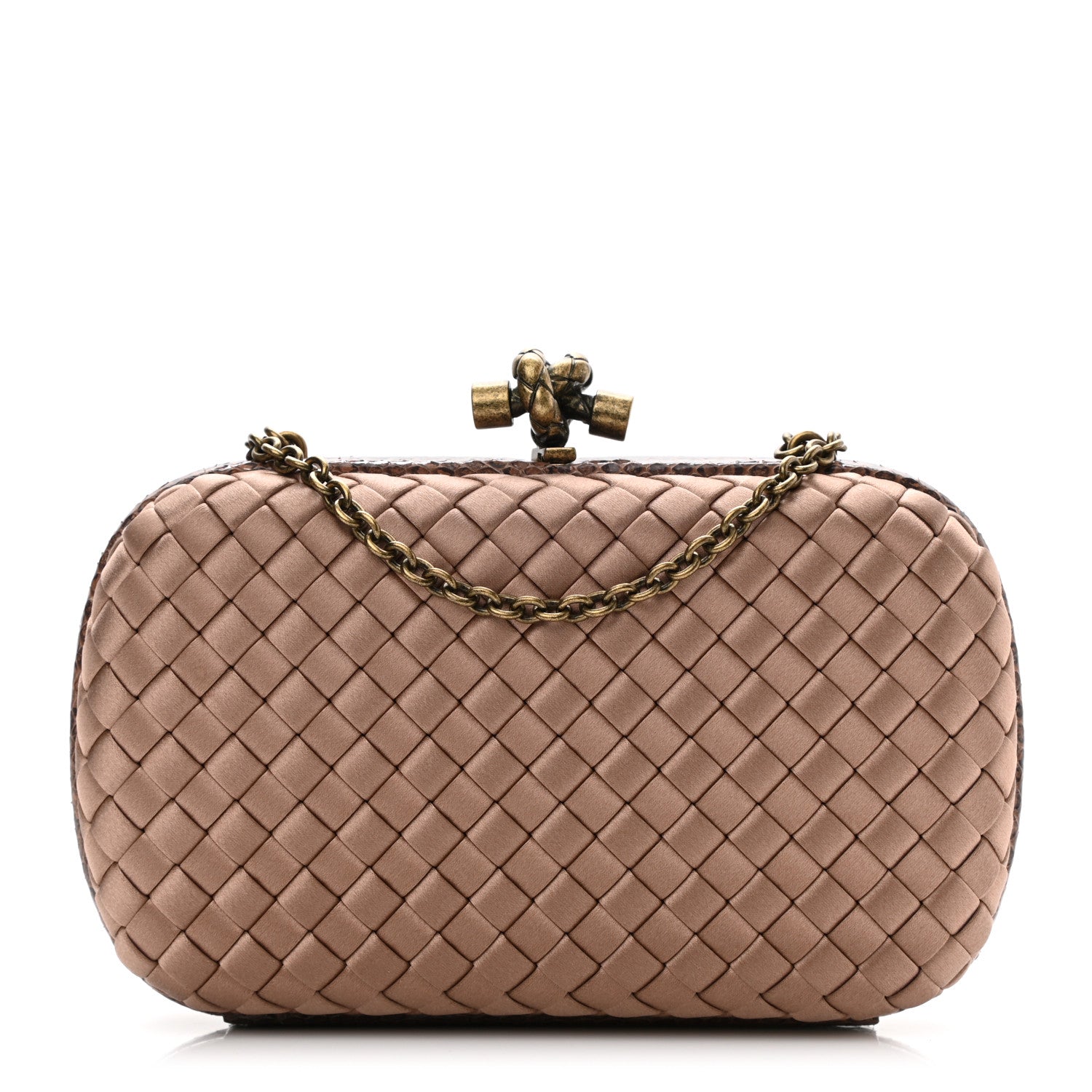 Bottega Veneta Satin Ayers Intrecciato Chain Knot Clutch Camel 1 of 8
