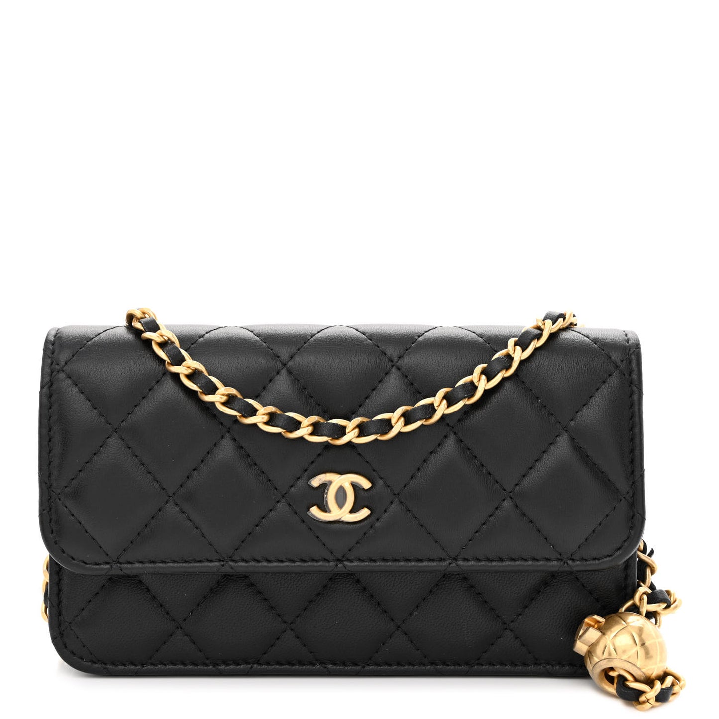 Lambskin Pearl Crush Quilted Flap Phone Holder With Chain Black