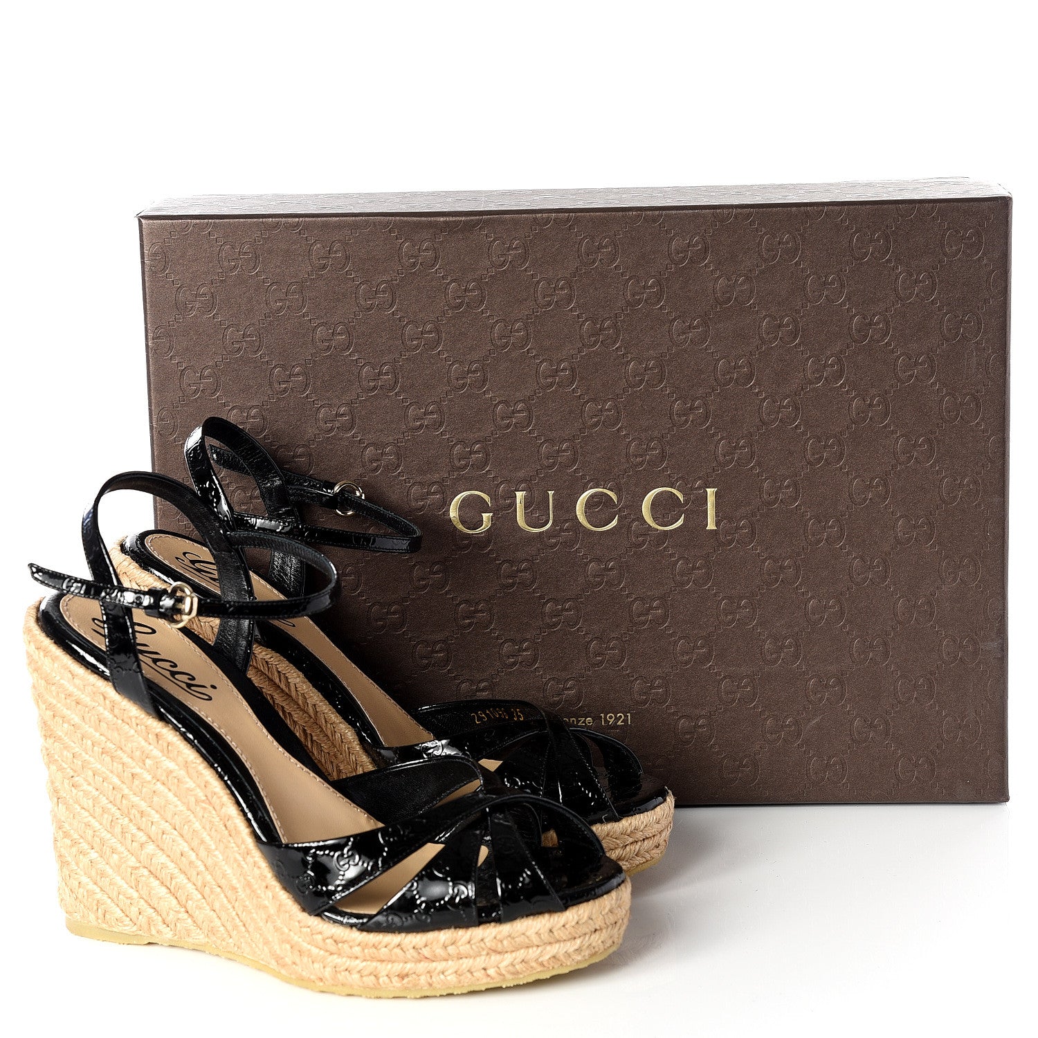 Gucci Patent Microguccissima Penelope Espadrille Wedge Sandals 35 Black 12 of 12