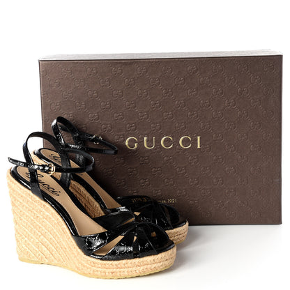 Gucci Patent Microguccissima Penelope Espadrille Wedge Sandals 35 Black 12 of 12