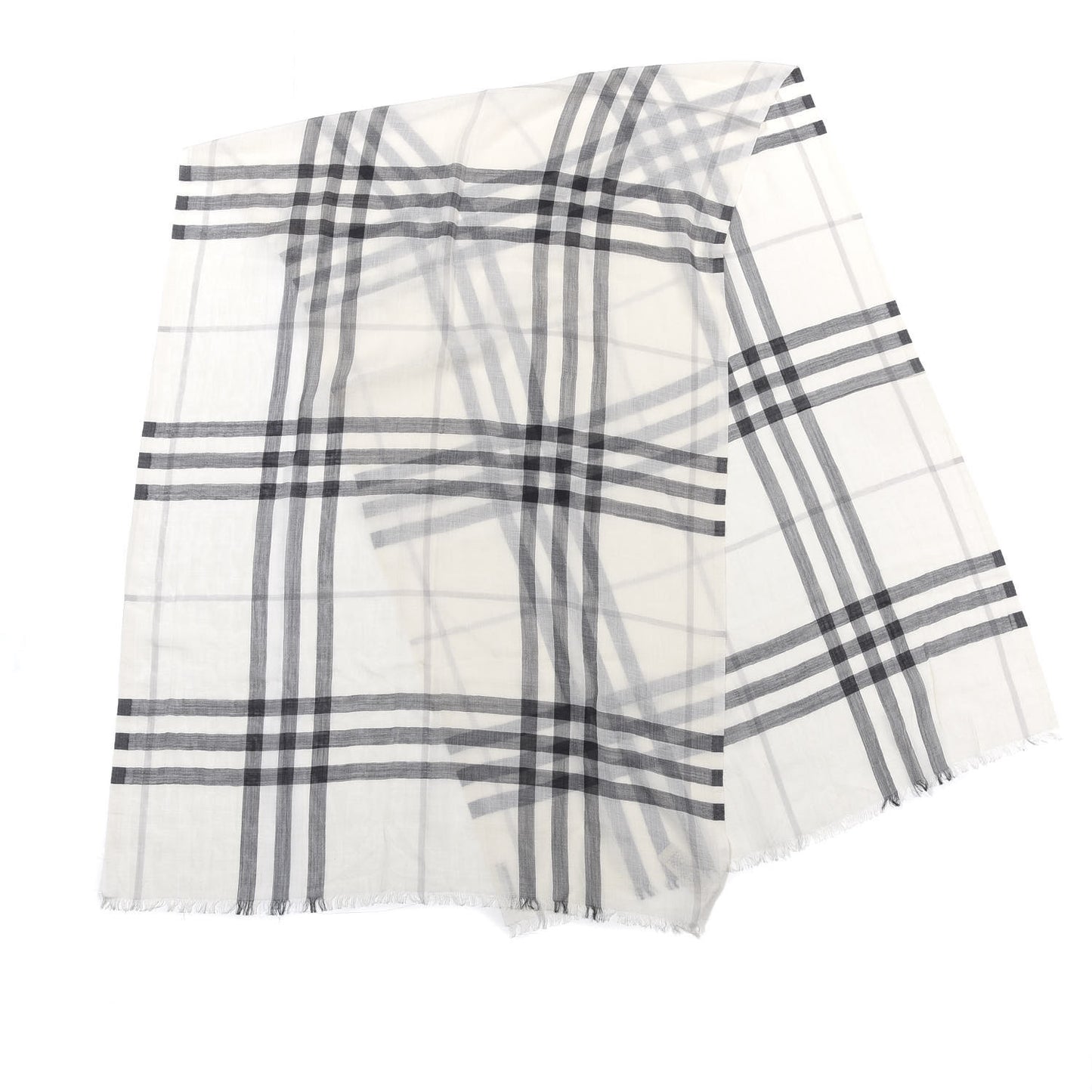 Wool Silk Gauze Giant Check Lightweight Scarf Natural White