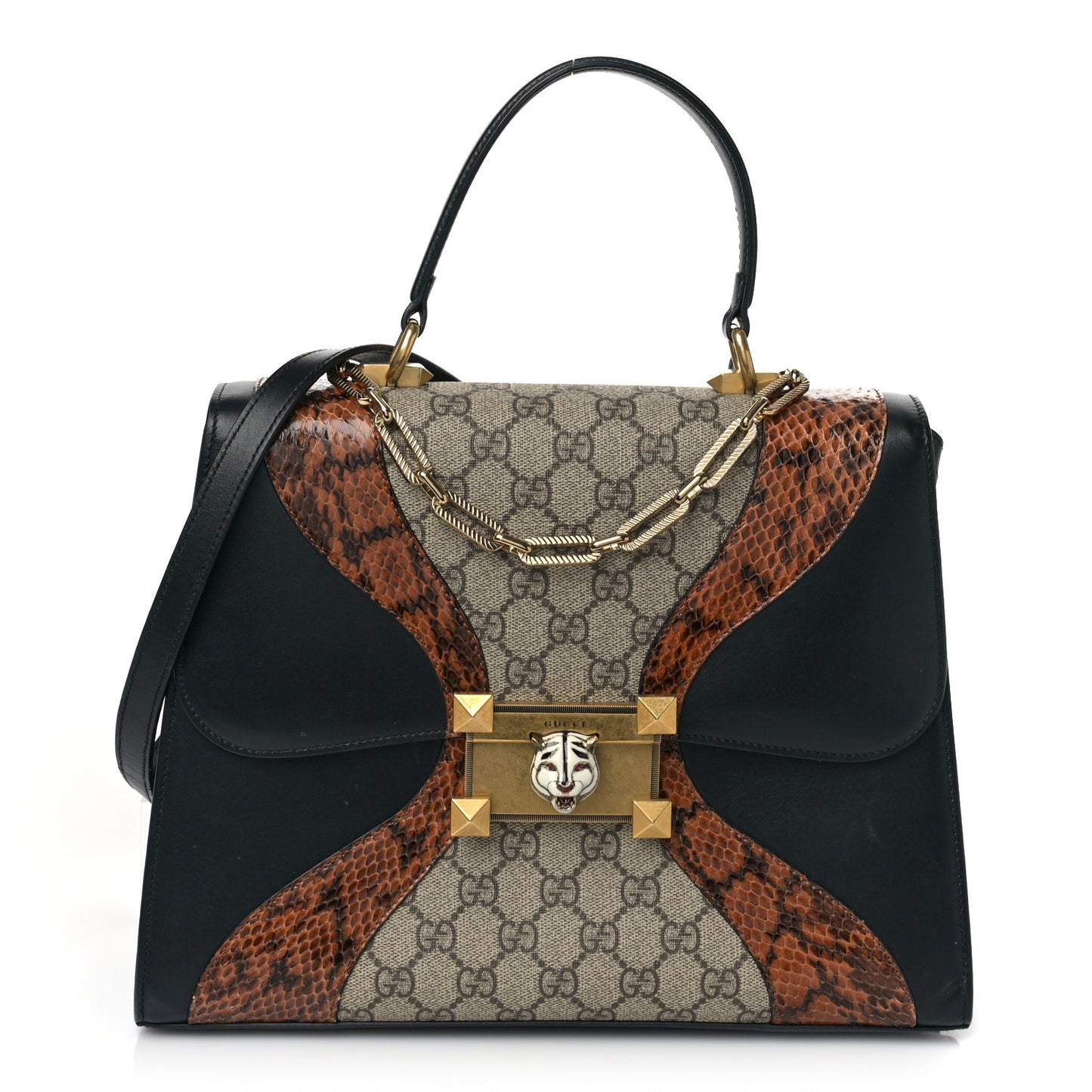 Nappa Elaphe GG Supreme Monogram Medium Osiride Top Handle Bag Black Bright Cuir Beige Ebony