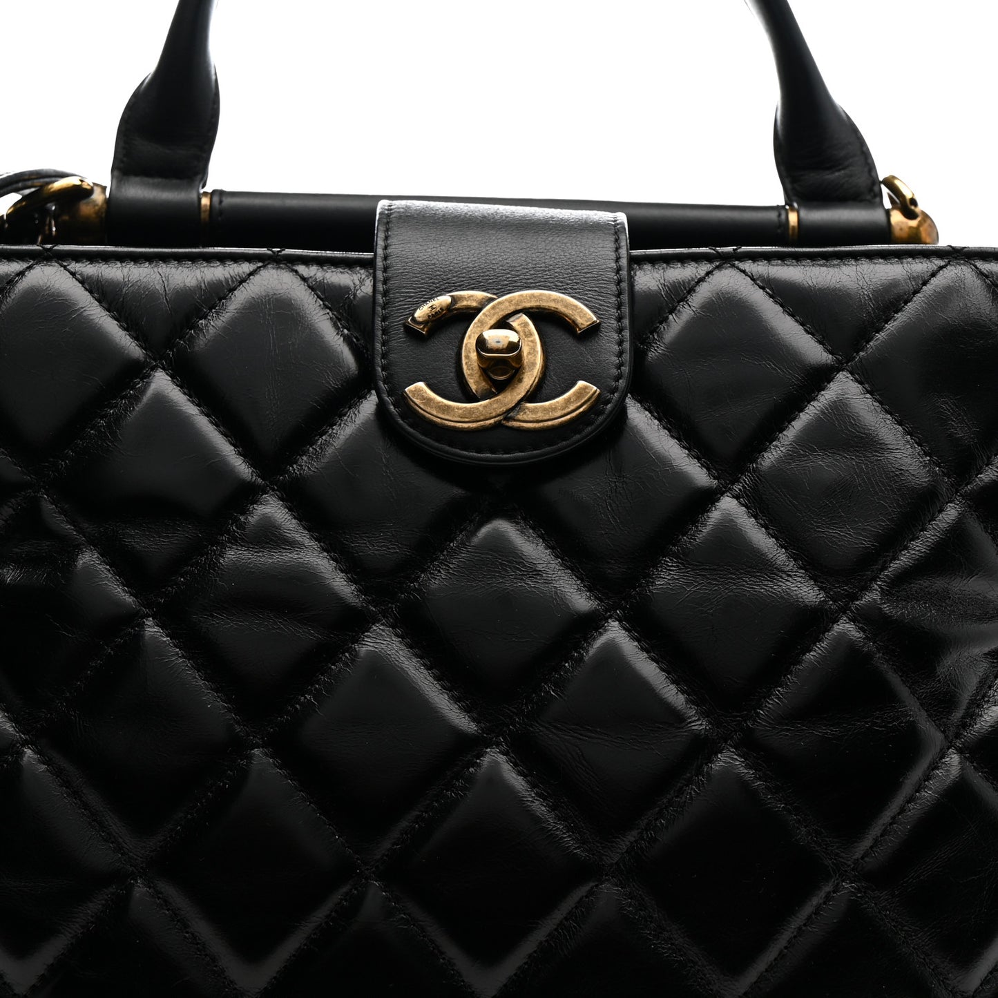 Glazed Calfskin Quilted Gold Bar Tote Black