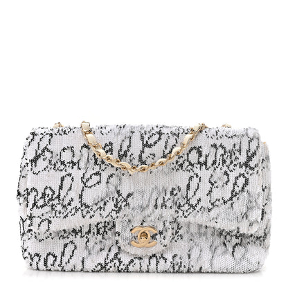 Chanel Sequin Logo Medium Flap White Black 1 of 11