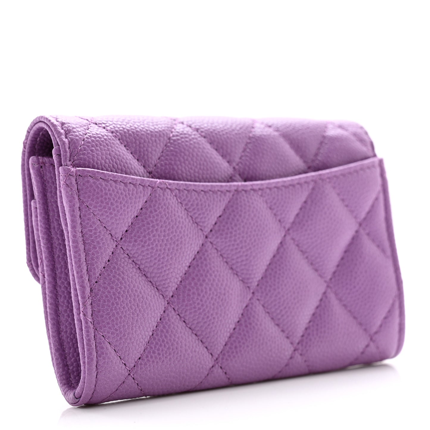 Caviar Quilted Flap Card Holder Wallet Purple