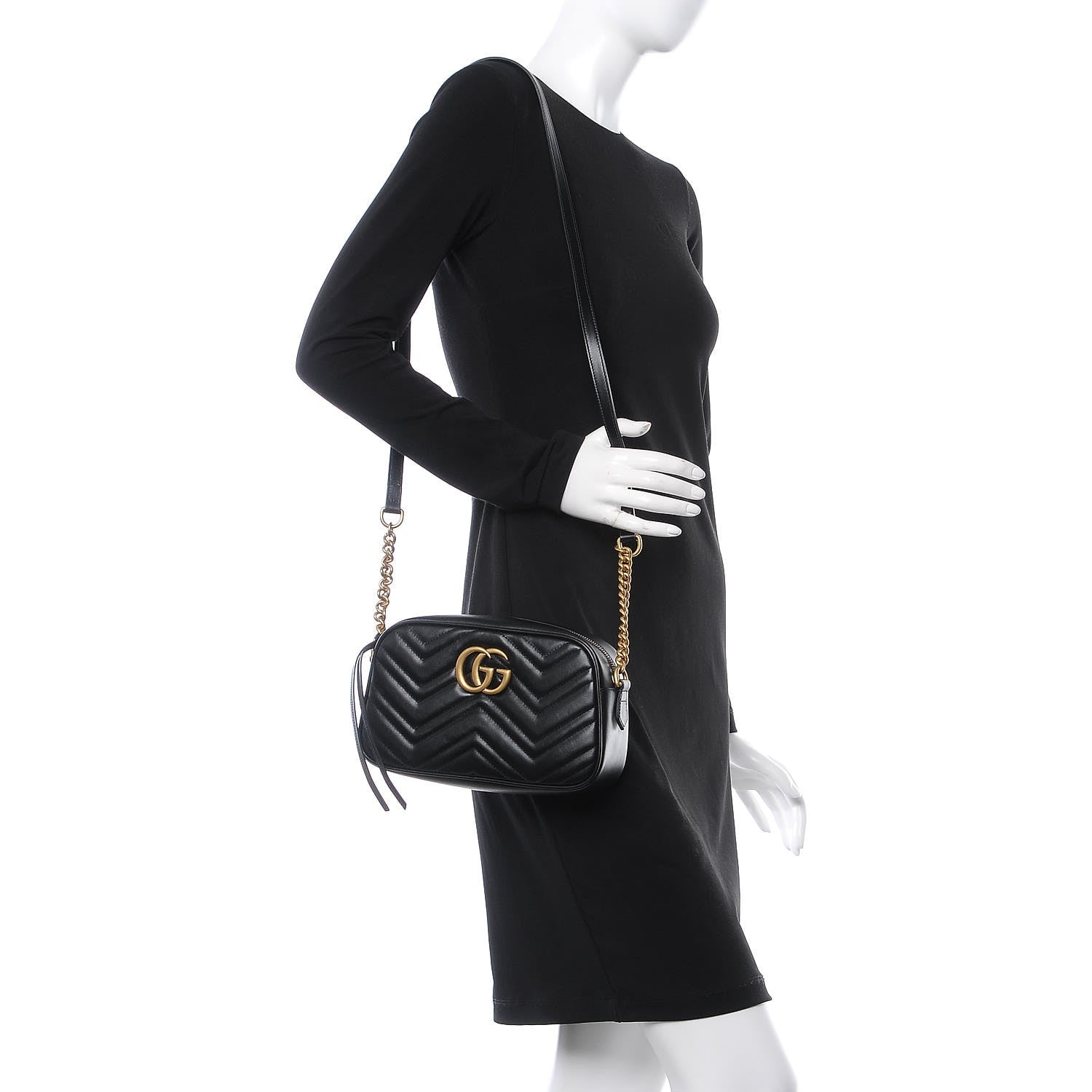 Gucci Calfskin Matelasse Small GG Marmont Chain Shoulder Bag Black 2 of 8