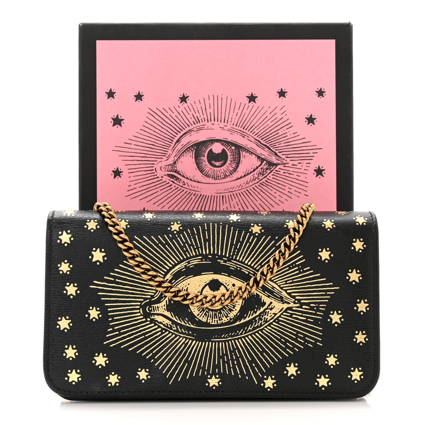 Dollar Calfskin Garden Mystic Eye Chain Wallet Black