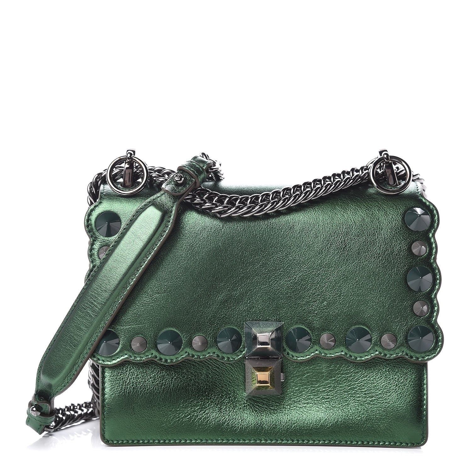 Fendi Vitello Catalan Mirror Scalloped Multi Studded Small Kan I Shoulder Bag Green 1 of 10