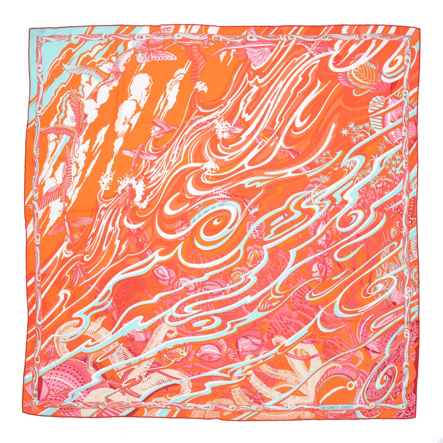 Hermes Cashmere Silk De La Mer Au Ciel Shawl 140 Orange Vert Corail 1 of 9