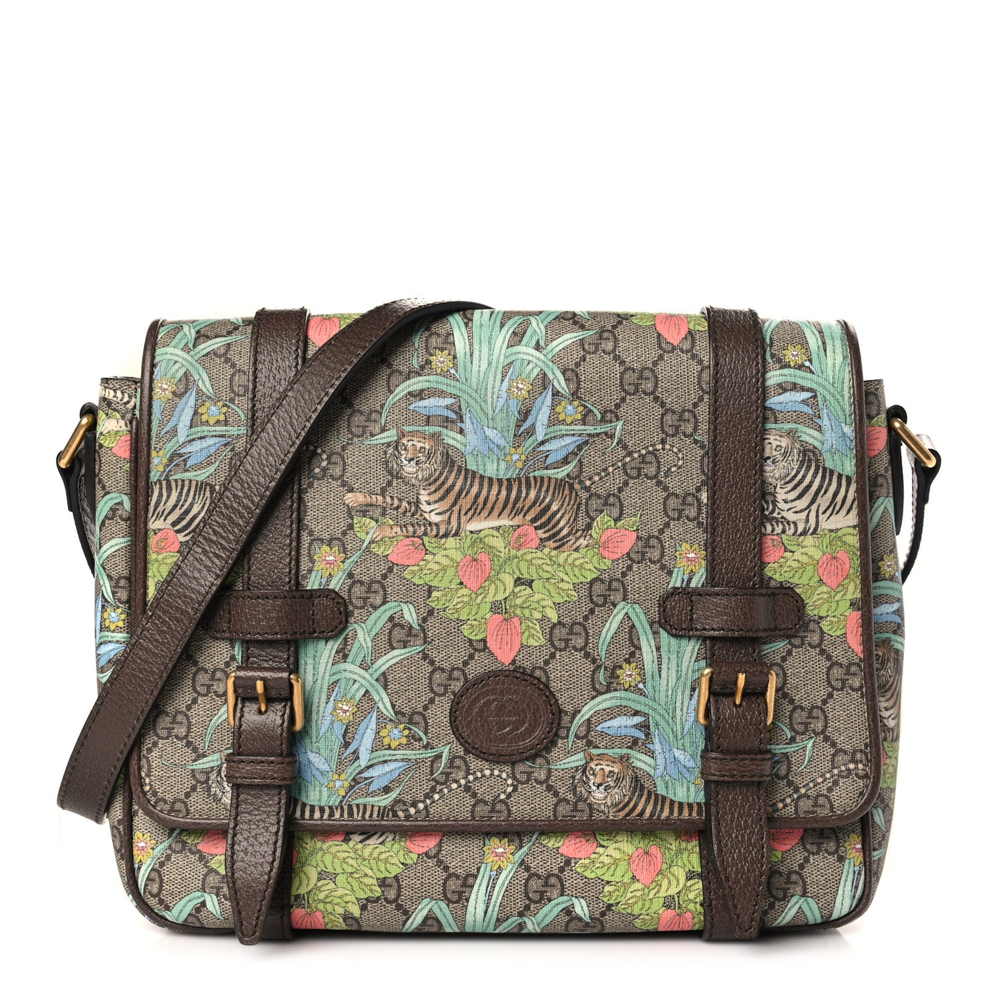 GG Supreme Monogram Tiger Savanah Textured Dollar Calfskin Retro Interlocking G Flap Messenger Bag Beige Ebony Multicolor New Acero