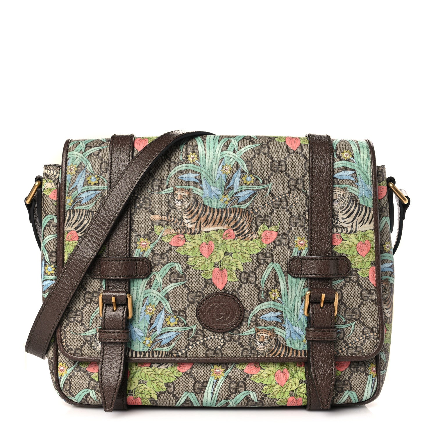 Gucci GG Supreme Monogram Tiger Savanah Textured Dollar Calfskin Retro Interlocking G Flap Messenger Bag Beige Ebony Multicolor New Acero 1 of 9