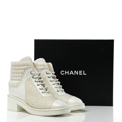 Chanel Tweed Patent Calfskin Velvet Lace Up Boots 37 White 11 of 11