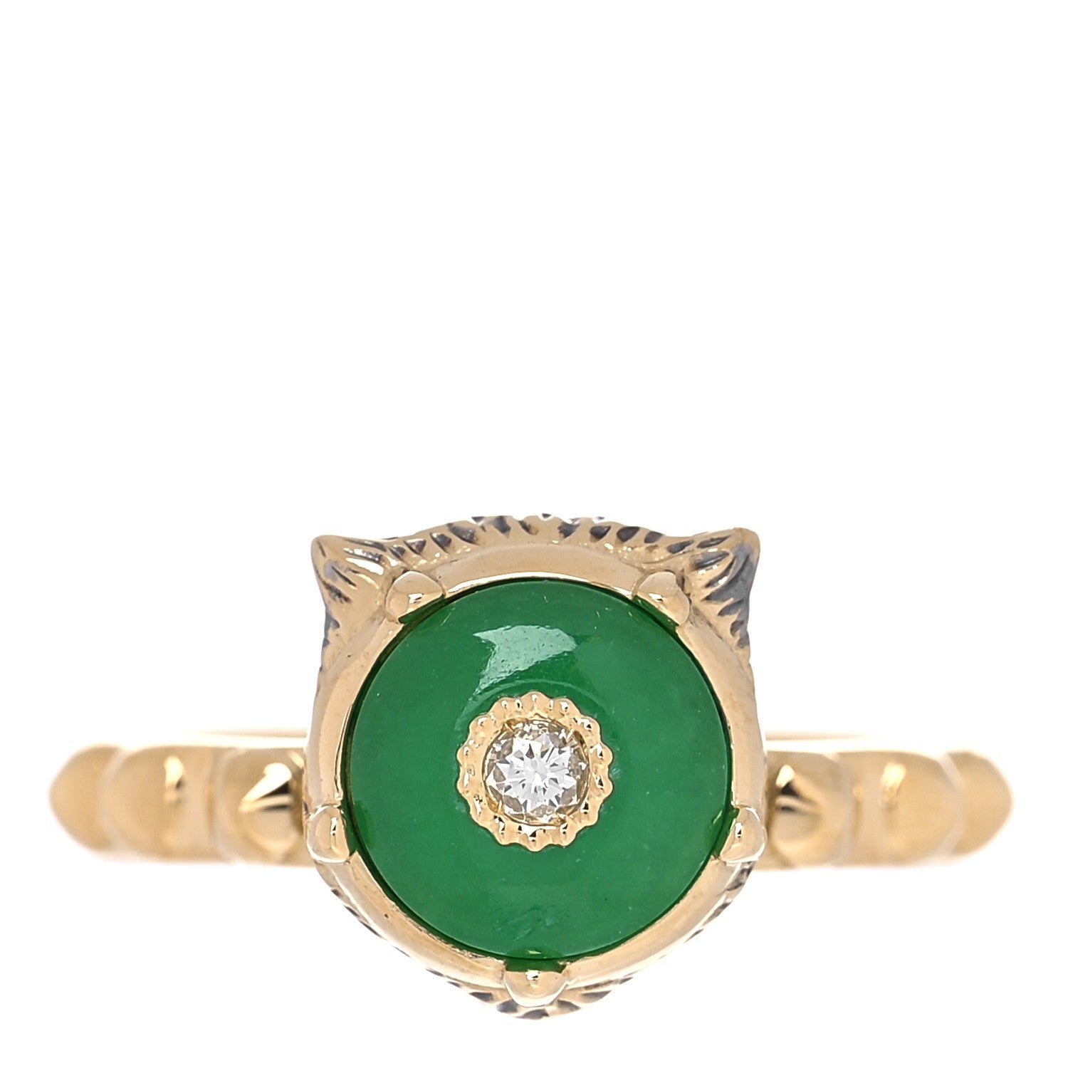 Gucci 18K Yellow Gold Jade Diamond Le Marché Des Merveilles Feline Ring 49 5 1 of 8