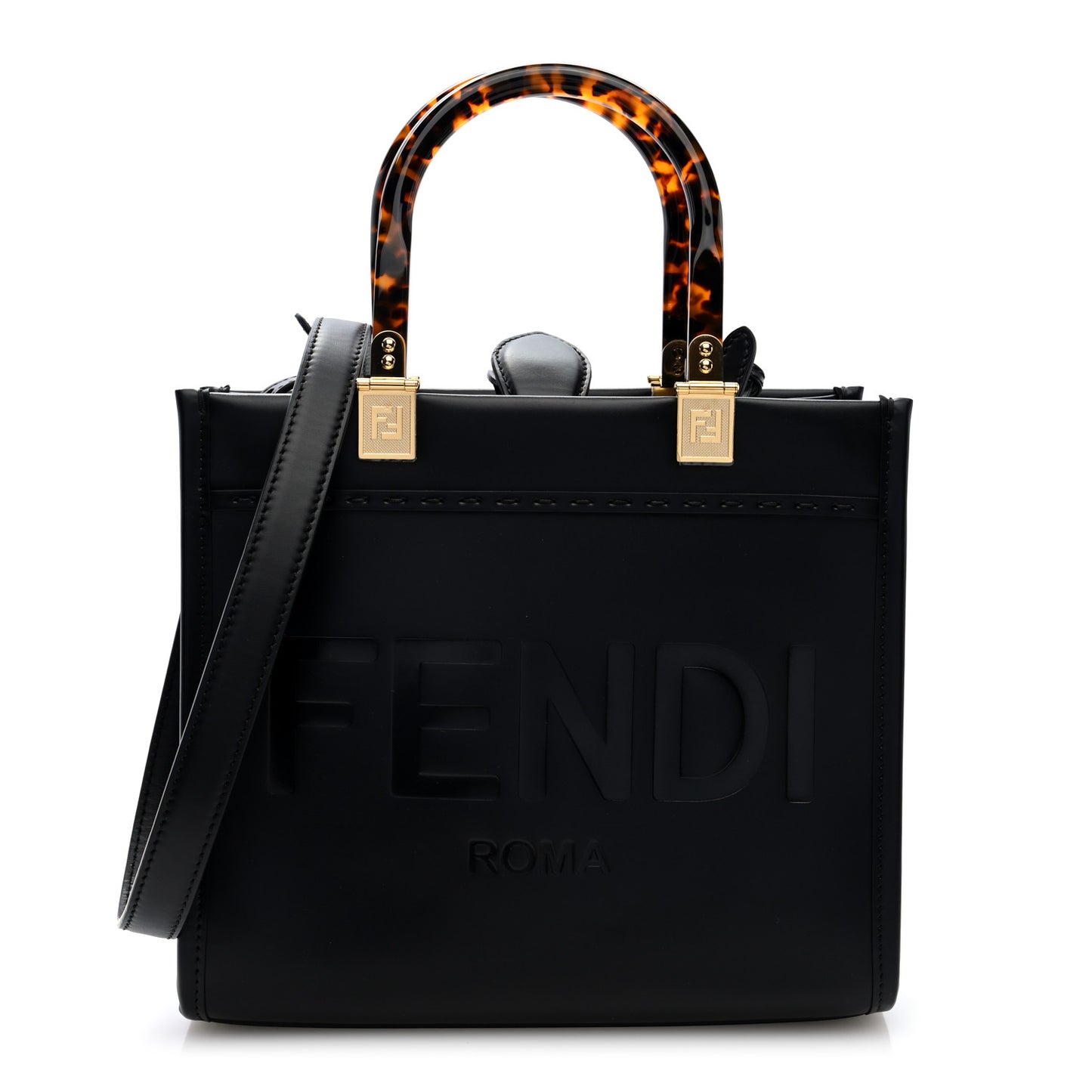 Vitello King Plexiglass Logo Embossed Small Fendi Sunshine Shopper Tote Black