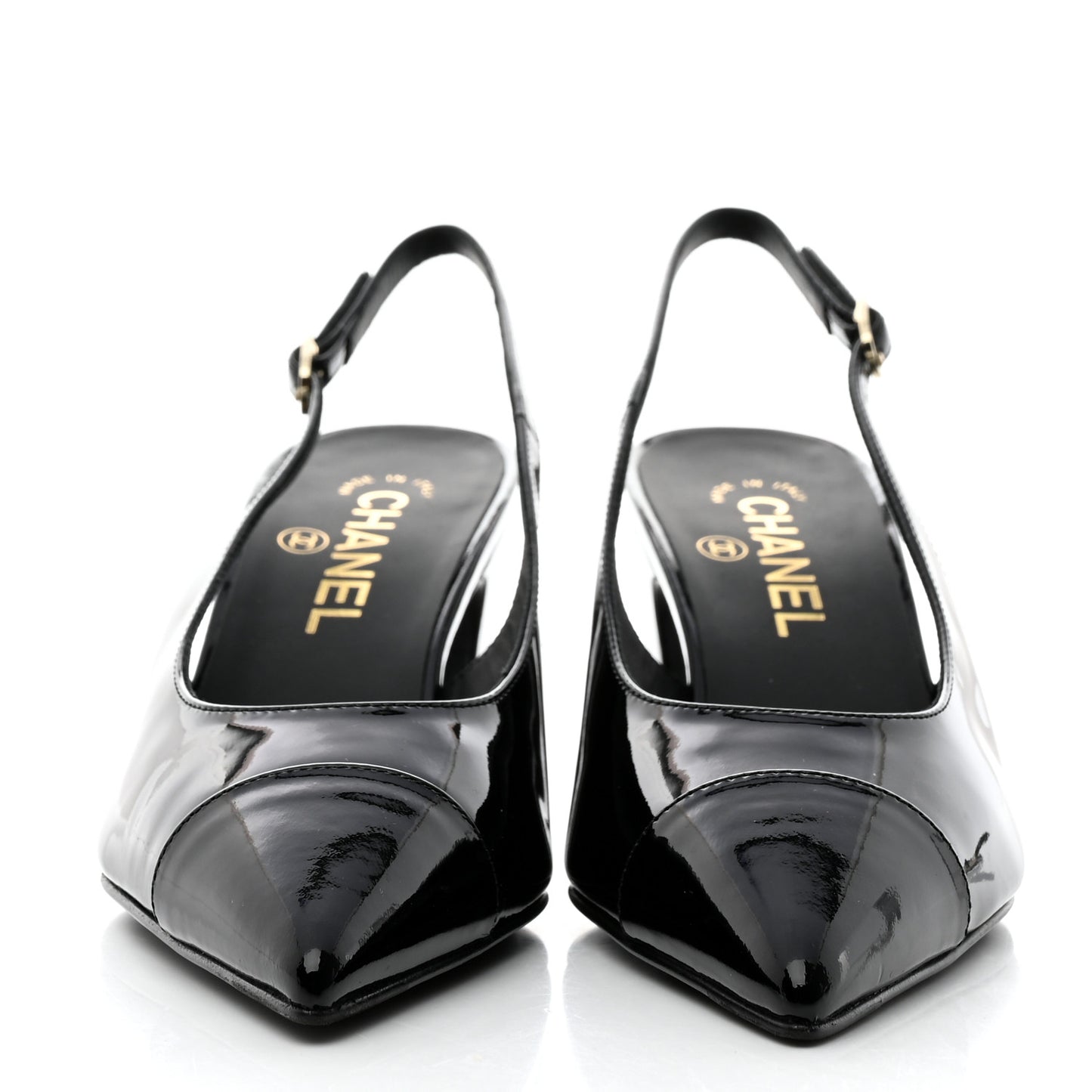 Patent Calfskin Cap Toe CC Slingback Pumps 37.5 Black