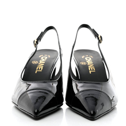 Chanel Patent Calfskin Cap Toe CC Slingback Pumps 37.5 Black 2 of 9