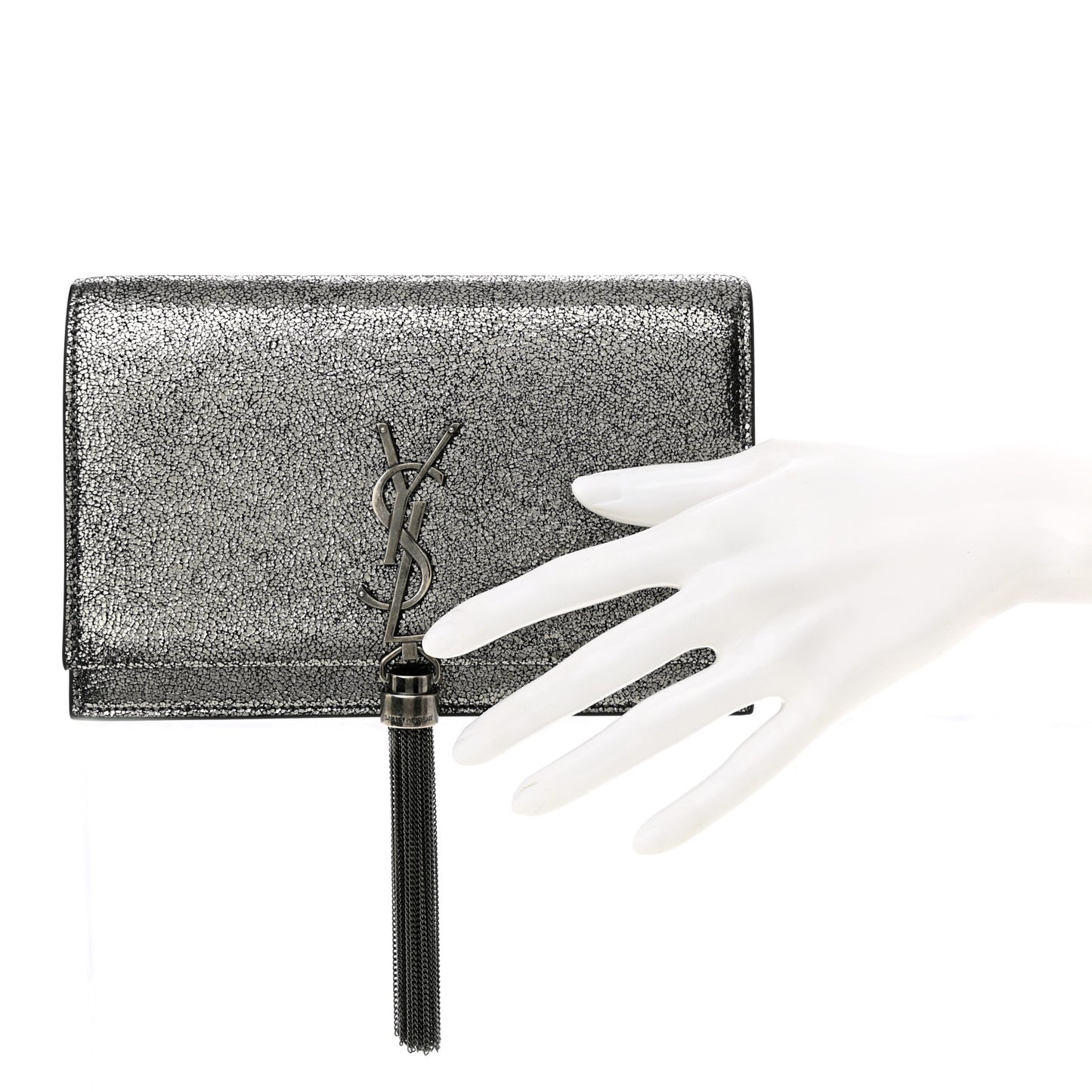 Metallic Calfskin Classic Monogram Kate Tassel Chain Wallet Gun Metal