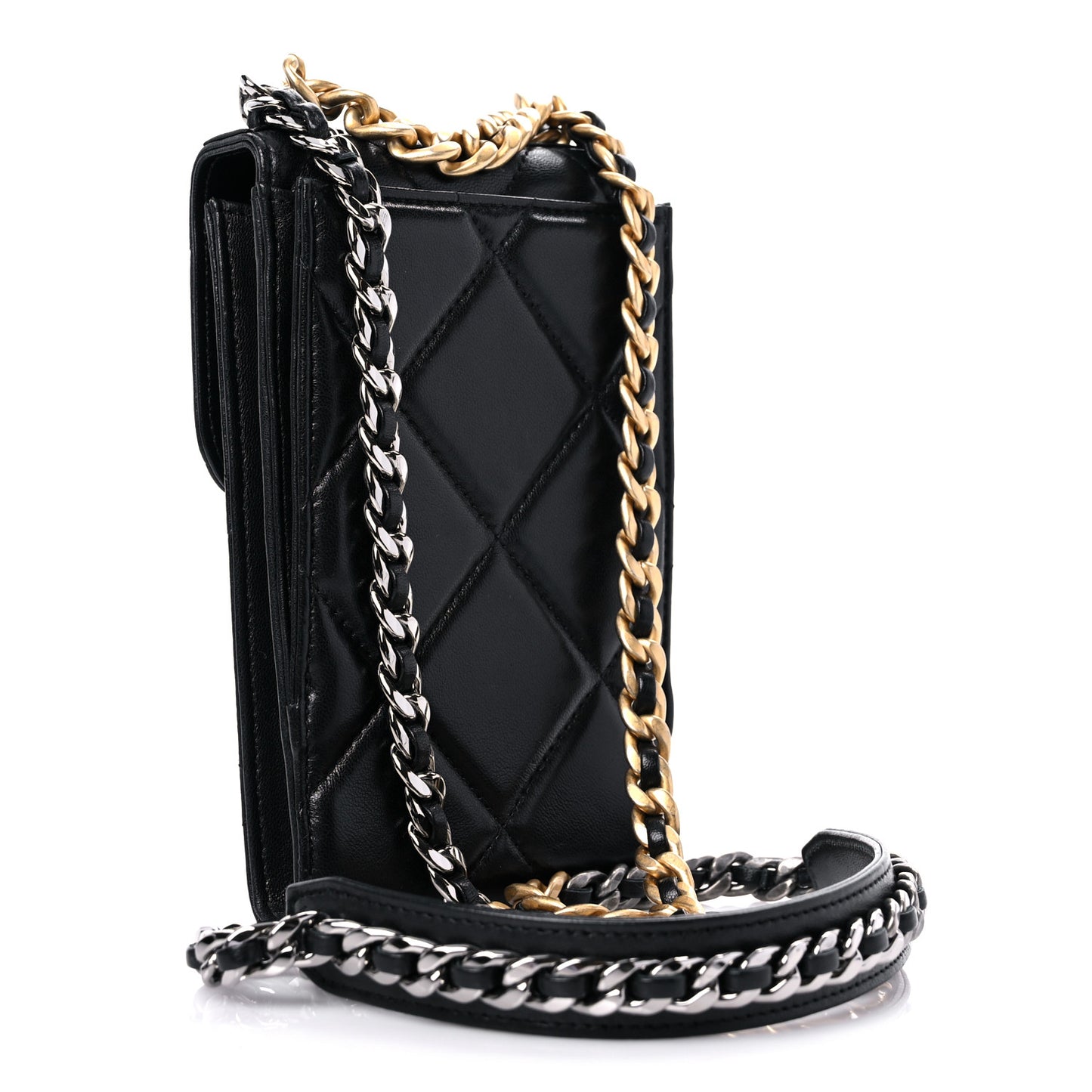Lambskin Quilted Chanel 19 Phone Holder With Chain Black