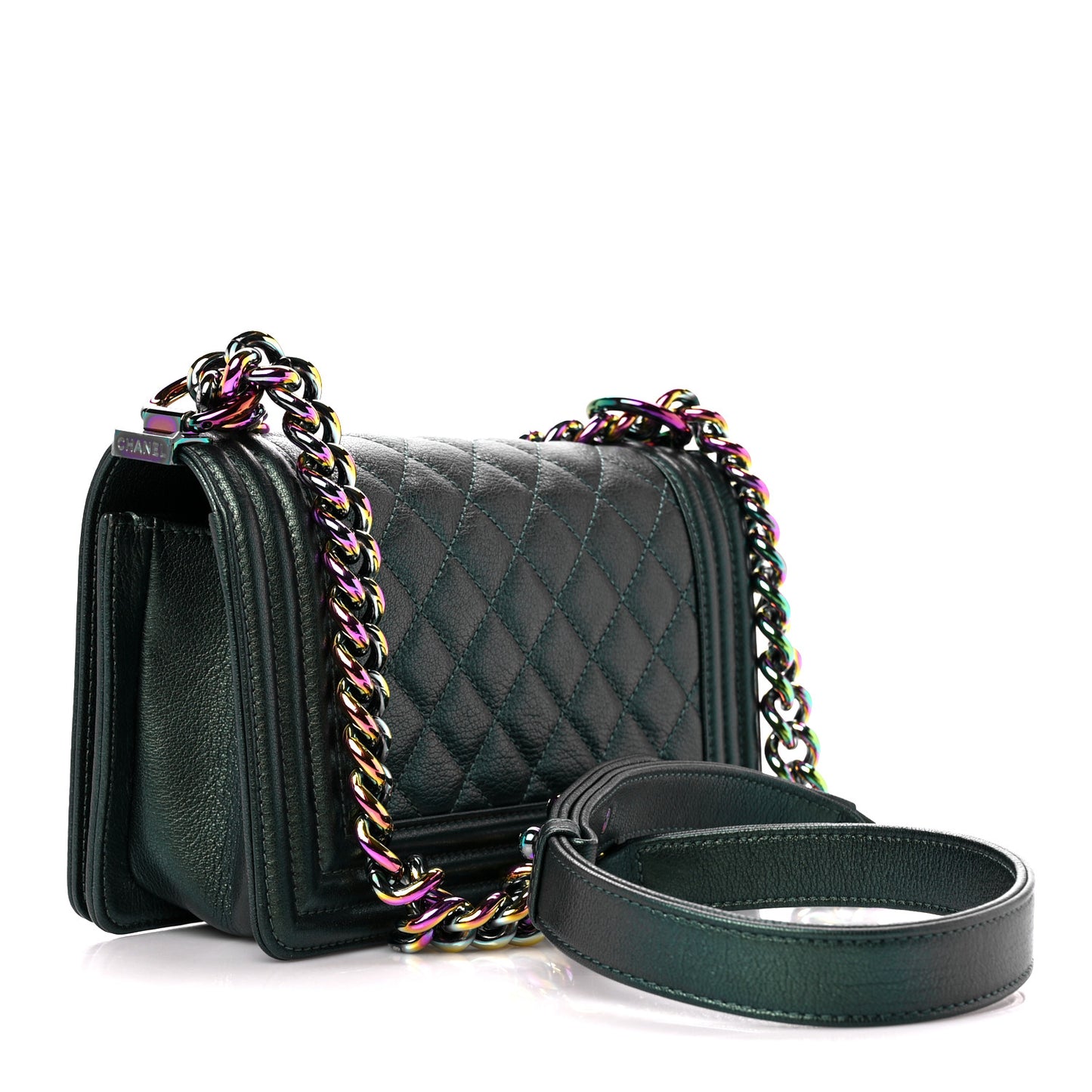 Iridescent Goatskin Quilted Small Boy Flap Green
