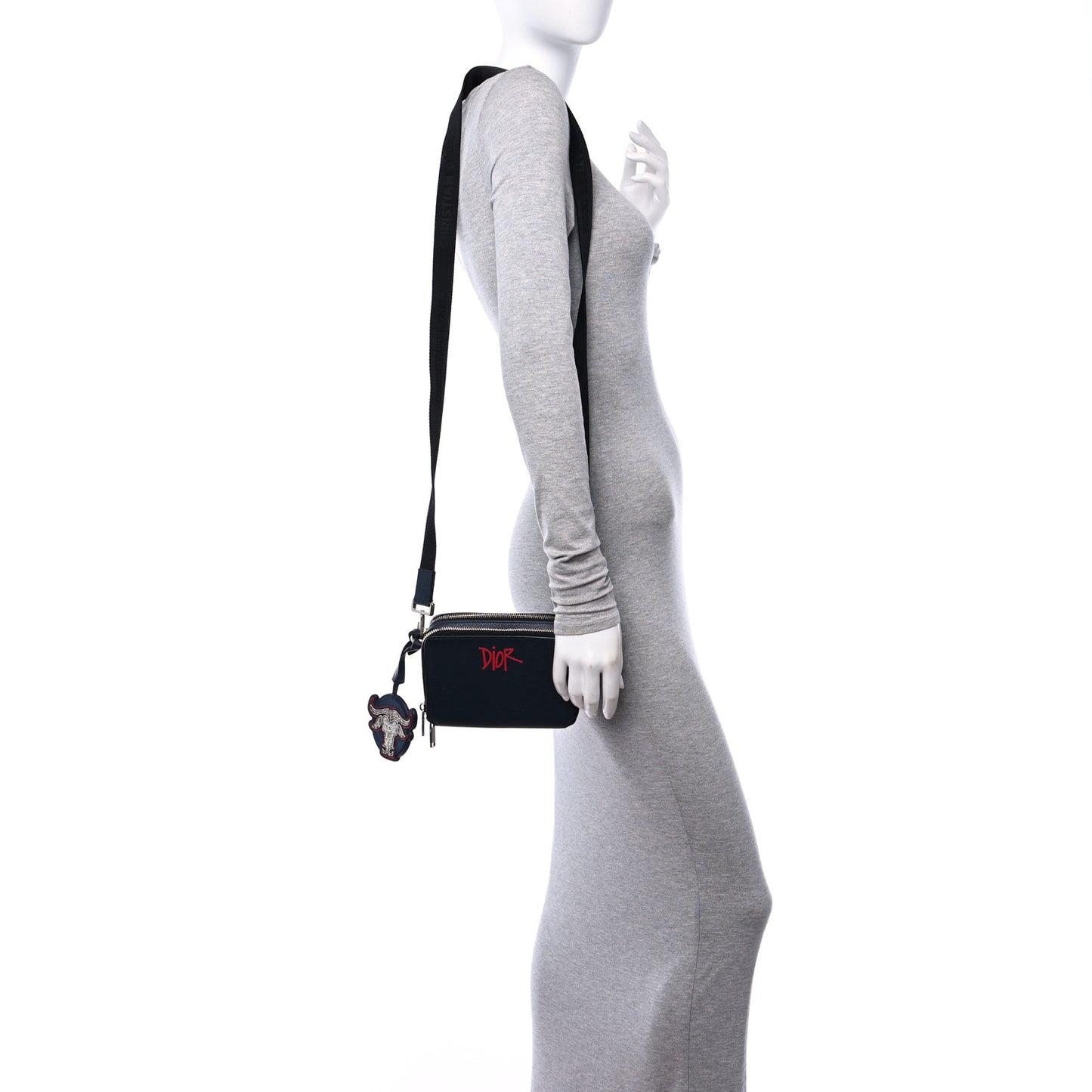 X SHAWN STUSSY Grained Calfskin Ox Head Crossbody Double Zip Crossbody Pouch Navy Blue
