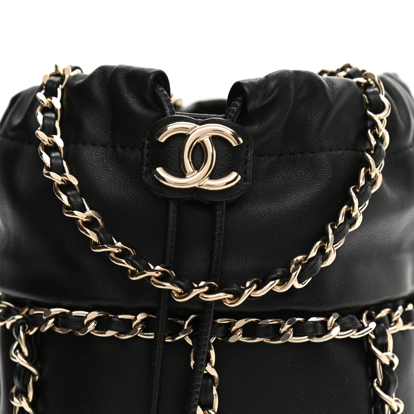 Lambskin Bucket Chain Drawstring Bag Black