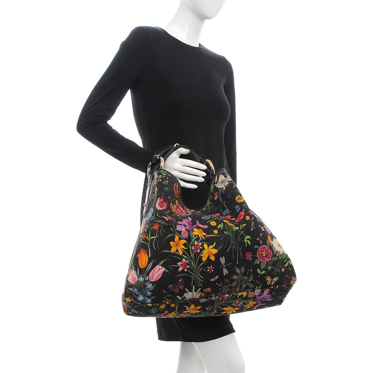 Canvas Flora Floral Large Horsebit Chain Hobo Black