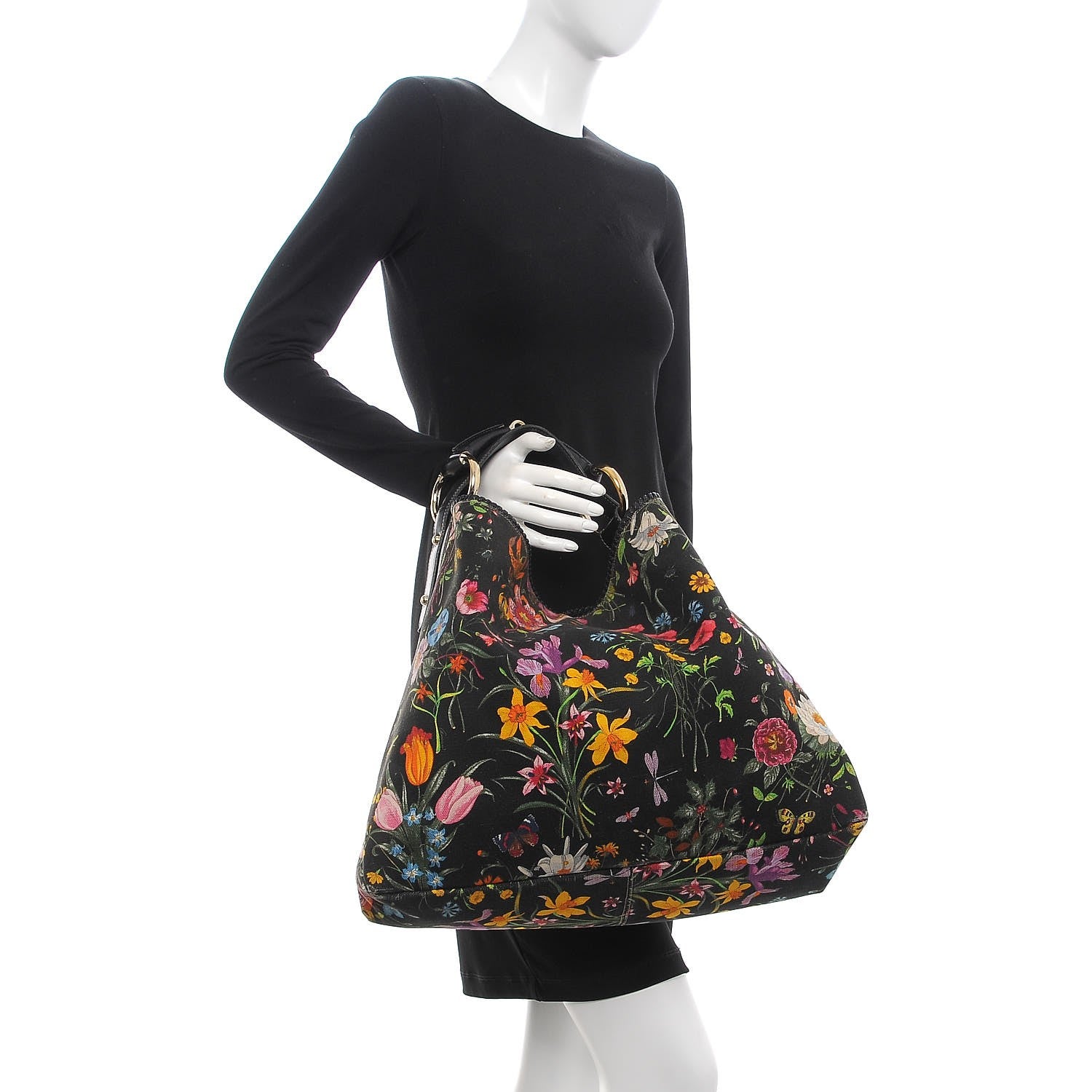 Gucci Canvas Flora Floral Large Horsebit Chain Hobo Black 2 of 11