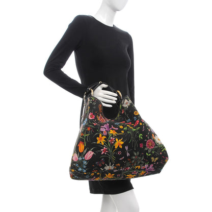 Gucci Canvas Flora Floral Large Horsebit Chain Hobo Black 2 of 11