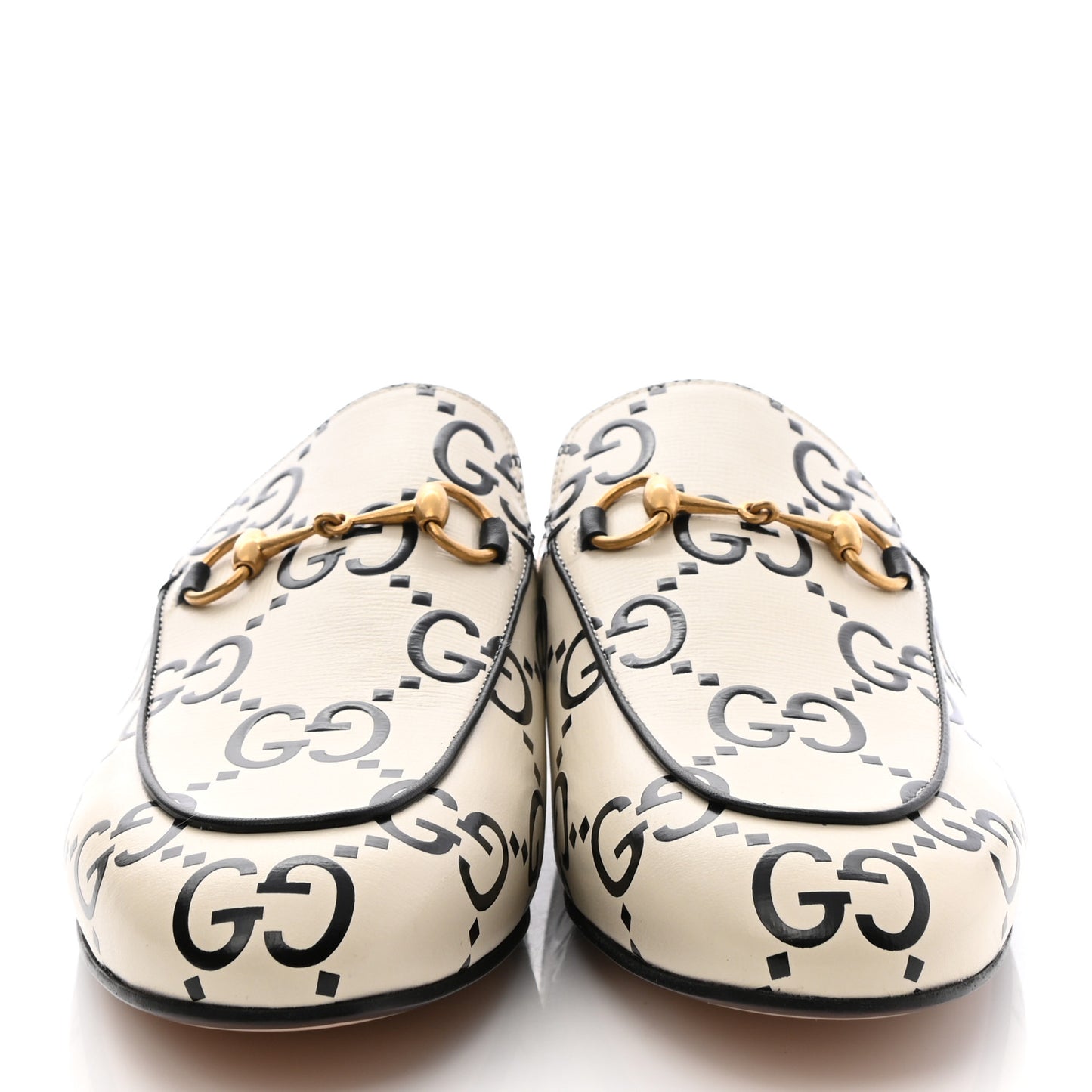 Azalea Calfskin GG Monogram Bi-Color Debossed Womens Princetown Slippers 40 Mystic White Black