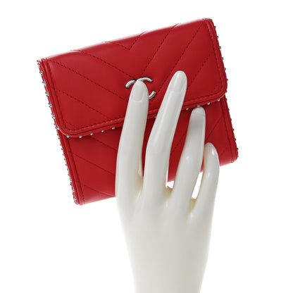 Chanel Lambskin Chevron Quilted Studded Compact Flap Wallet Red 3 of 9