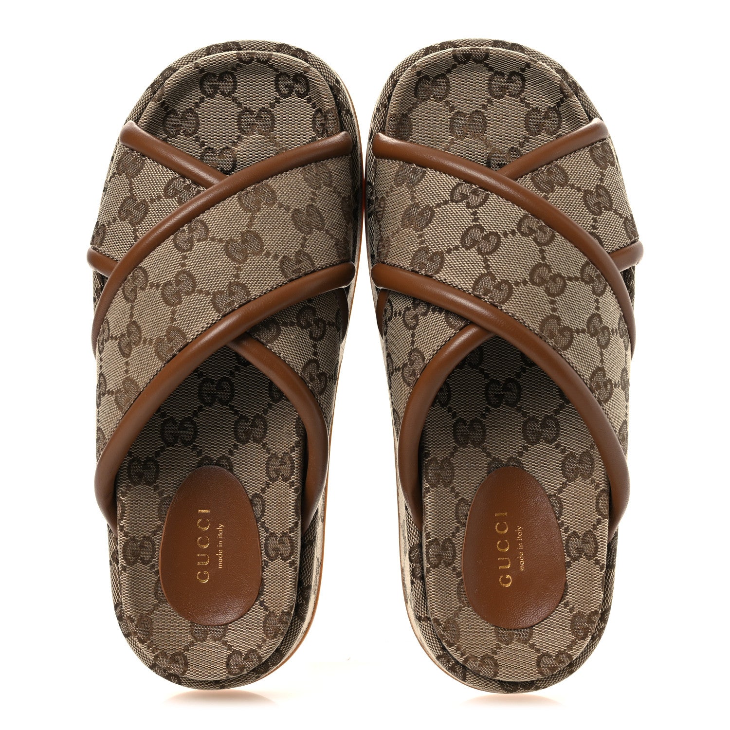 Gucci Monogram GG Calfskin Angelina Platform 55mm Slide Sandals 38.5 Camel Ebony 2 of 11