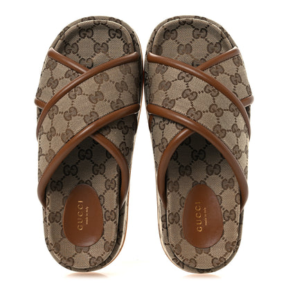 Gucci Monogram GG Calfskin Angelina Platform 55mm Slide Sandals 38.5 Camel Ebony 2 of 11