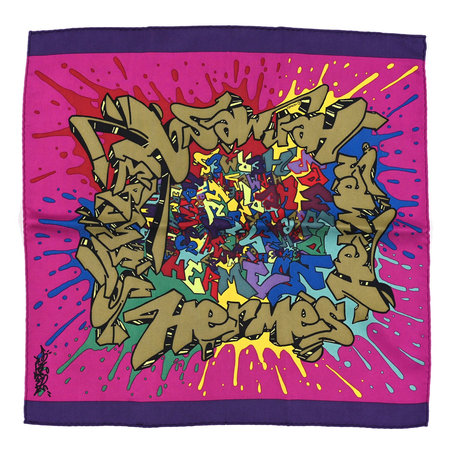 Silk Gavroche Graff Pocket Square Scarf Encre Fuchsia Kaki