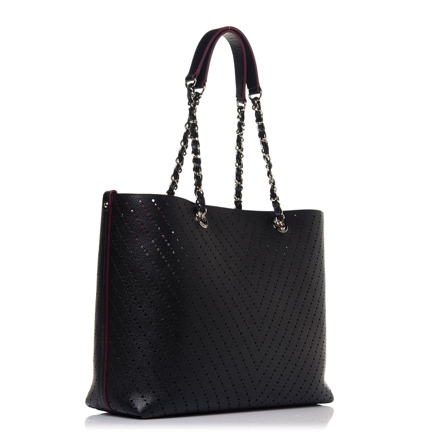 Perforated Grained Calfskin Large Shopping Tote Black