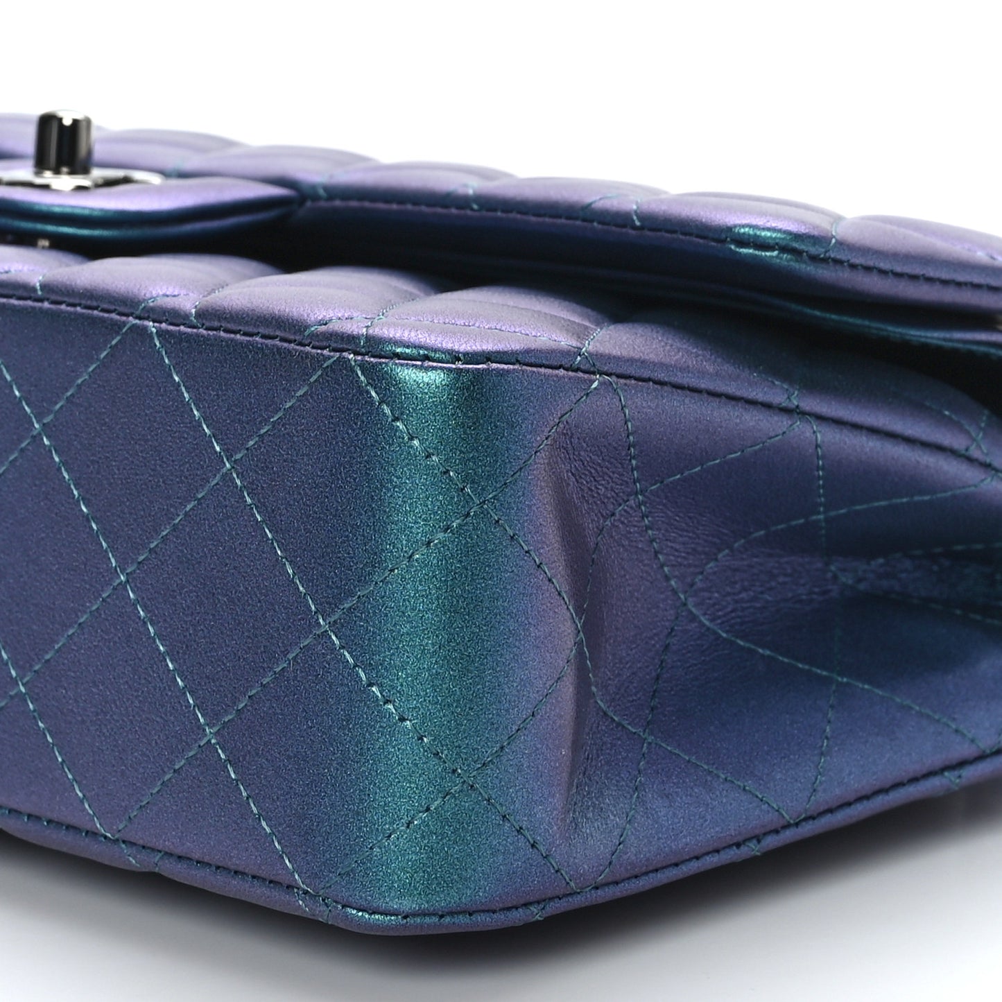 Iridescent Lambskin Quilted Medium Double Flap Turquoise