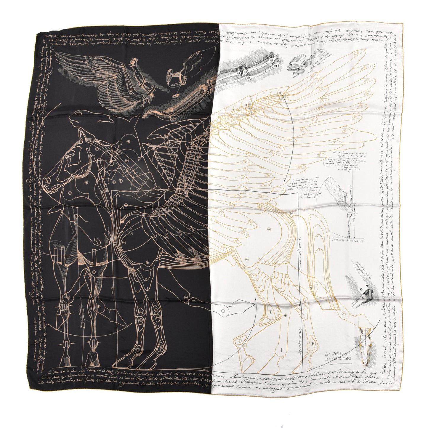 Silk Twill Le Pegase D Hermes Giant Scarf 140 Black White Or