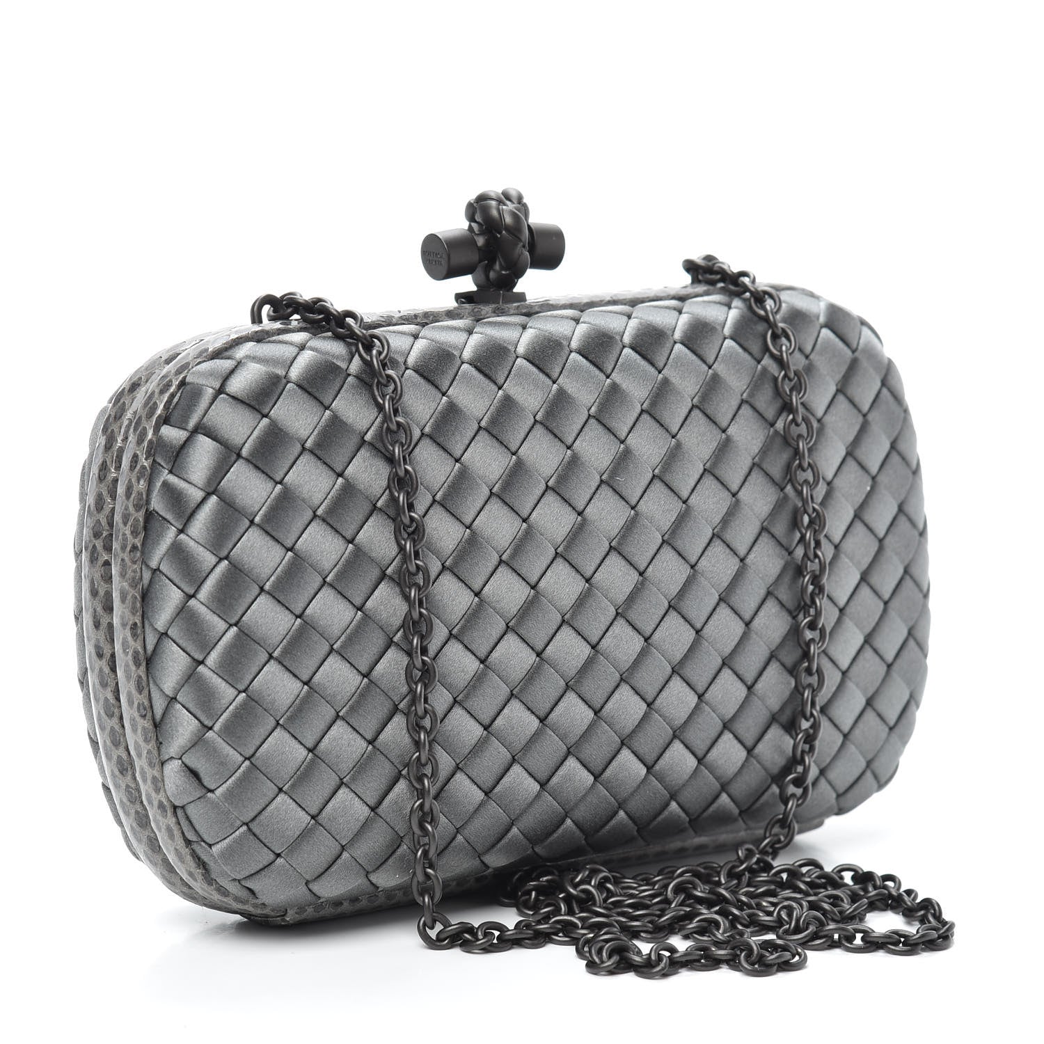 Bottega Veneta Satin Ayers Intrecciato Chain Knot Clutch Grey 3 of 9