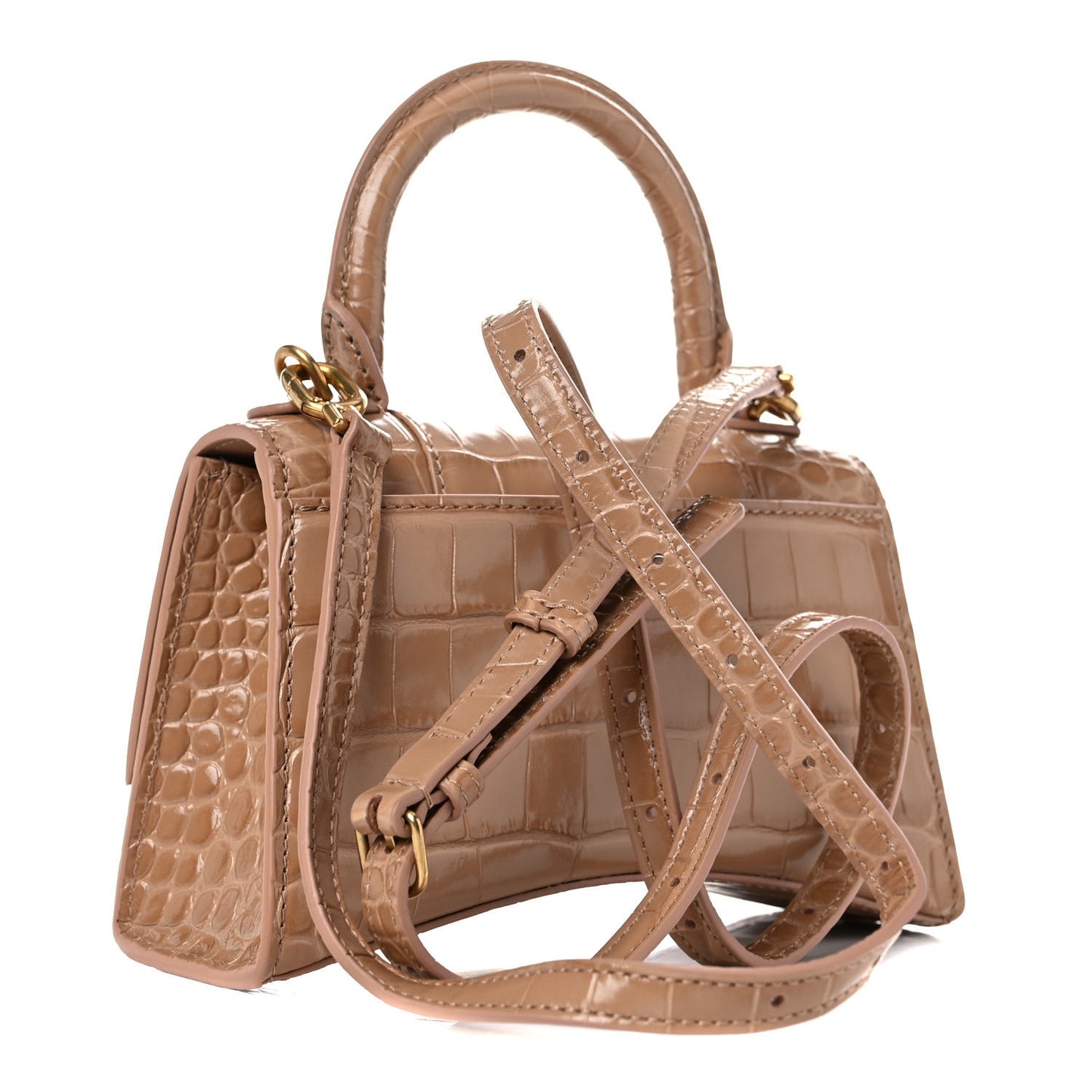 Shiny Calfskin Crocodile Embossed Hourglass Top Handle Bag XS Nude Beige