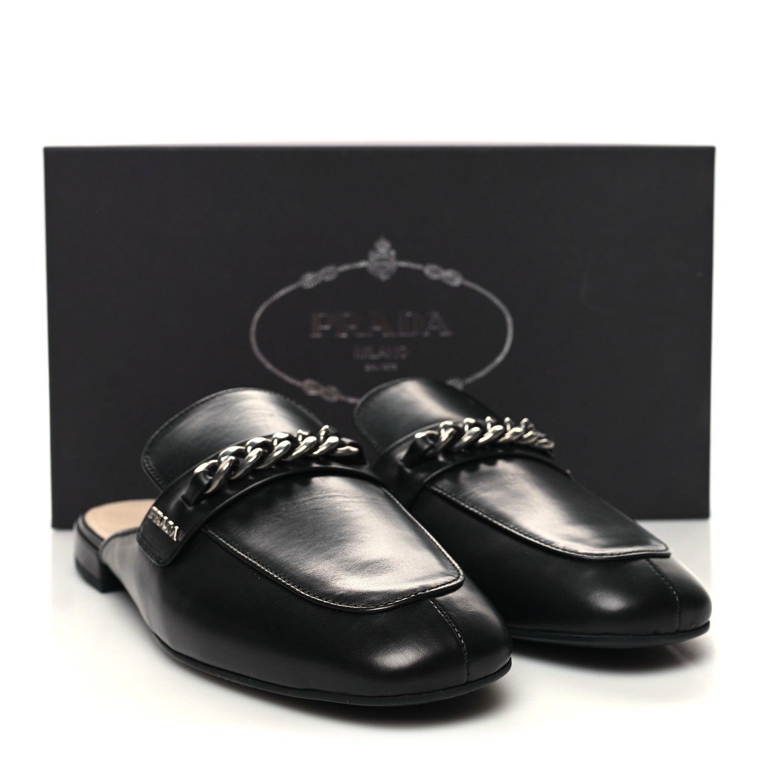 Prada Vitello Lux Chain Mules 37 Black 9 of 9